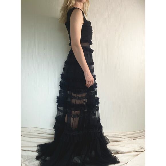 WHOLE 9 YARDS Black Tulle Ruffled Sheer Maxi Formal Gown SMALL - Picture 2 of 12